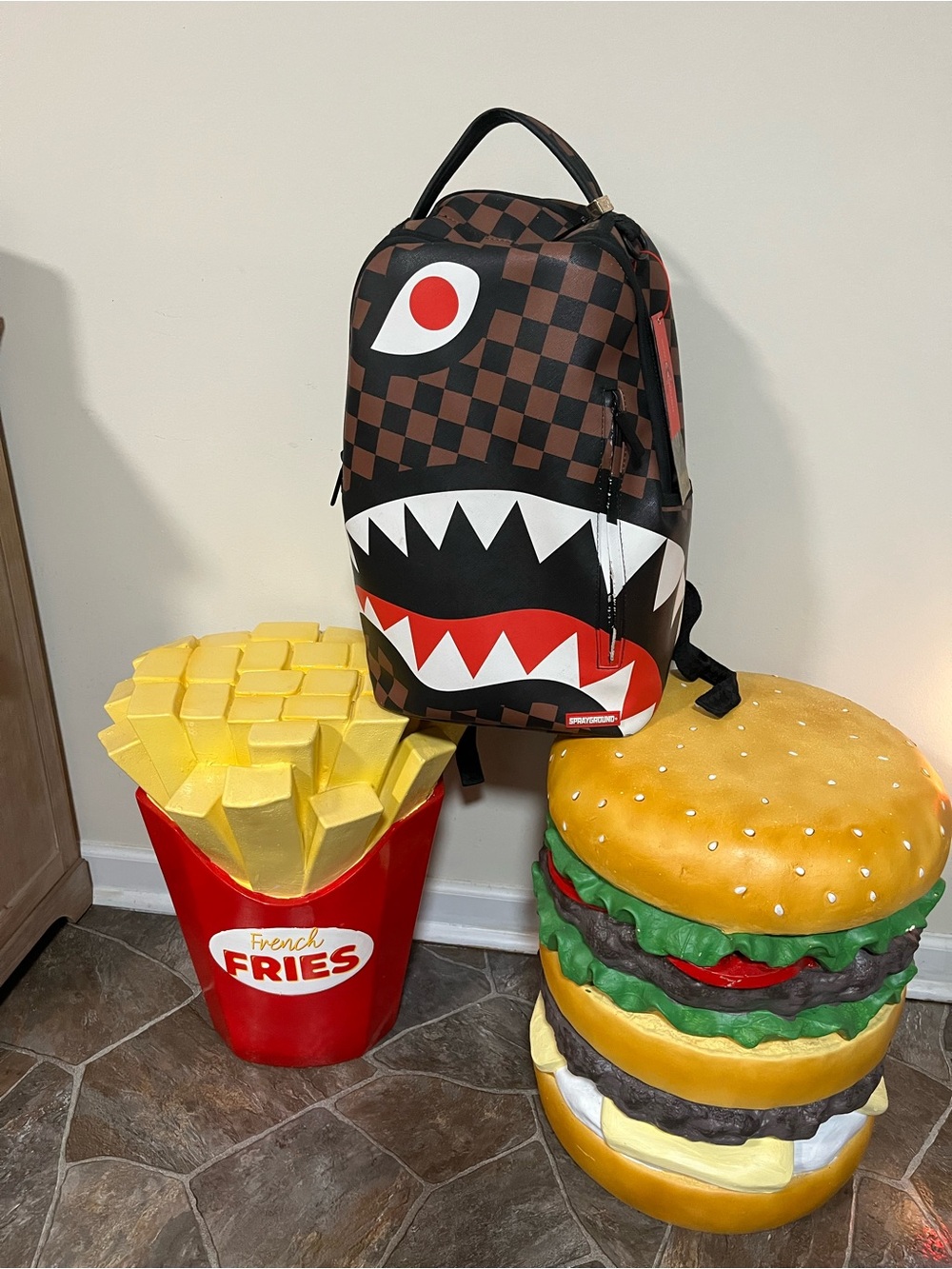 Sprayground Brown/Black Checkerboard Shark Backpack with Red and White Accents